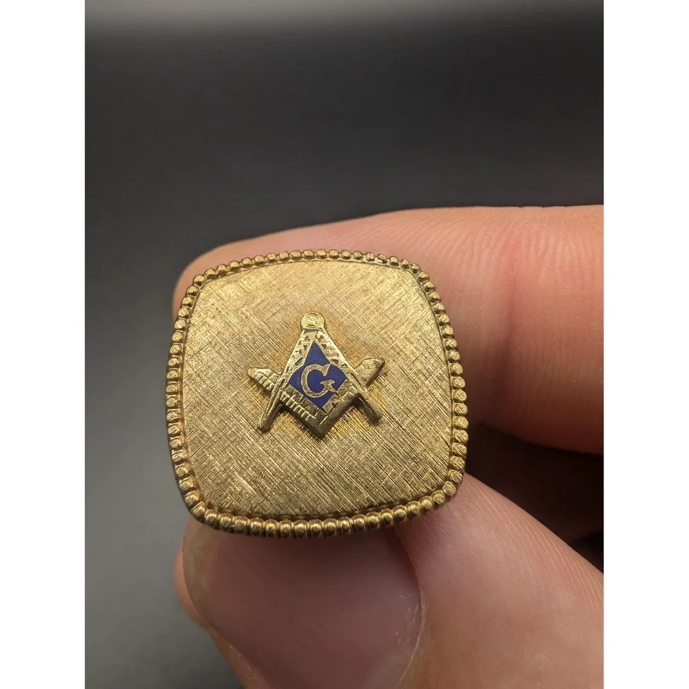 Masonic Cufflinks Tie Clip Set Gold Tone Blue Enamel Mens Freemason Jewelry